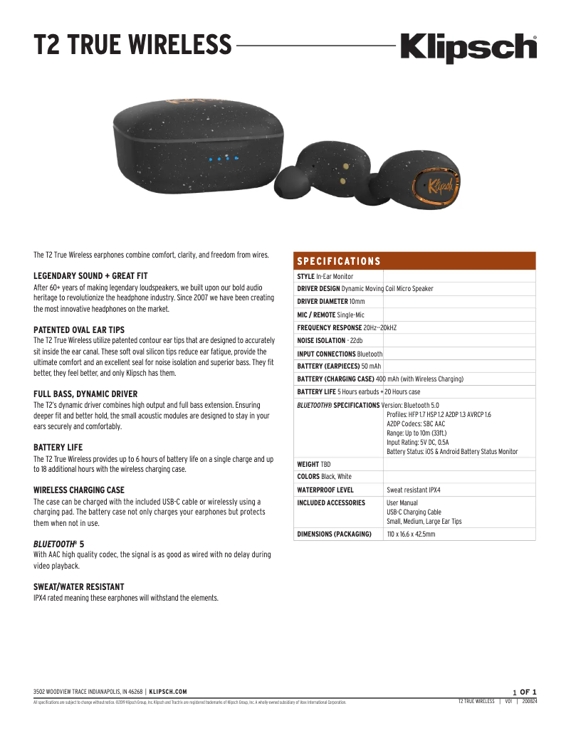 Page 1 de la notice Fiche technique Klipsch T2 True Wireless