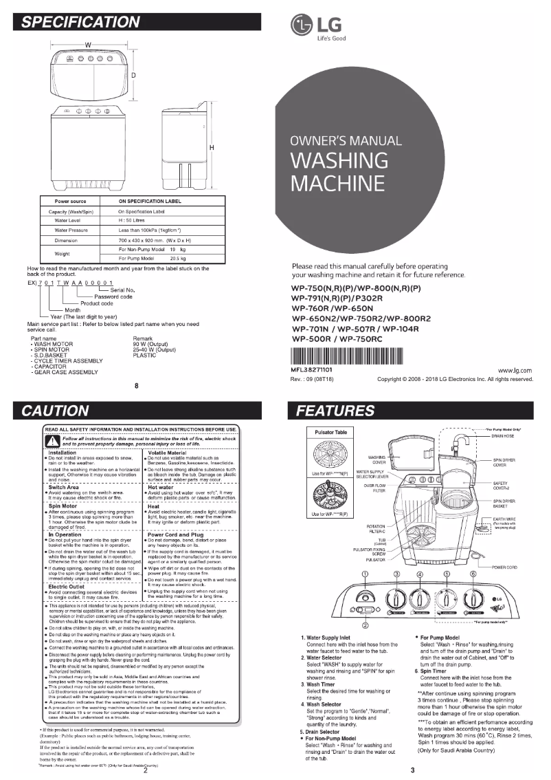 Page 1 de la notice Manuel utilisateur LG WP-750RC