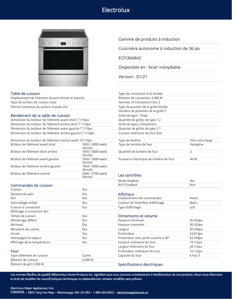 Page 1 de la notice Fiche technique Electrolux ECFI3668AS
