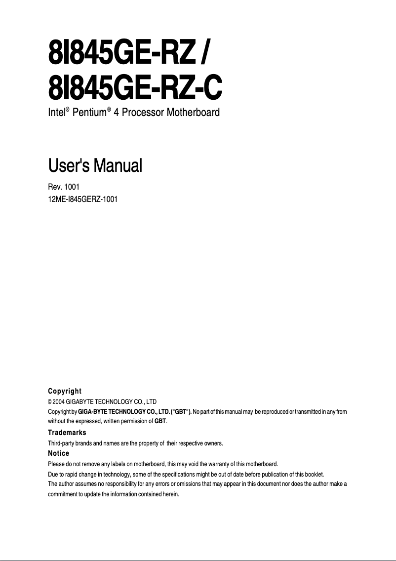 Page n°1 - Manuel utilisateur Gigabyte 8I845GE-RZC
