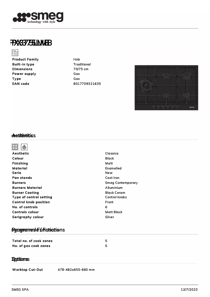 Page n°1 - Fiche technique Smeg PX375LMB