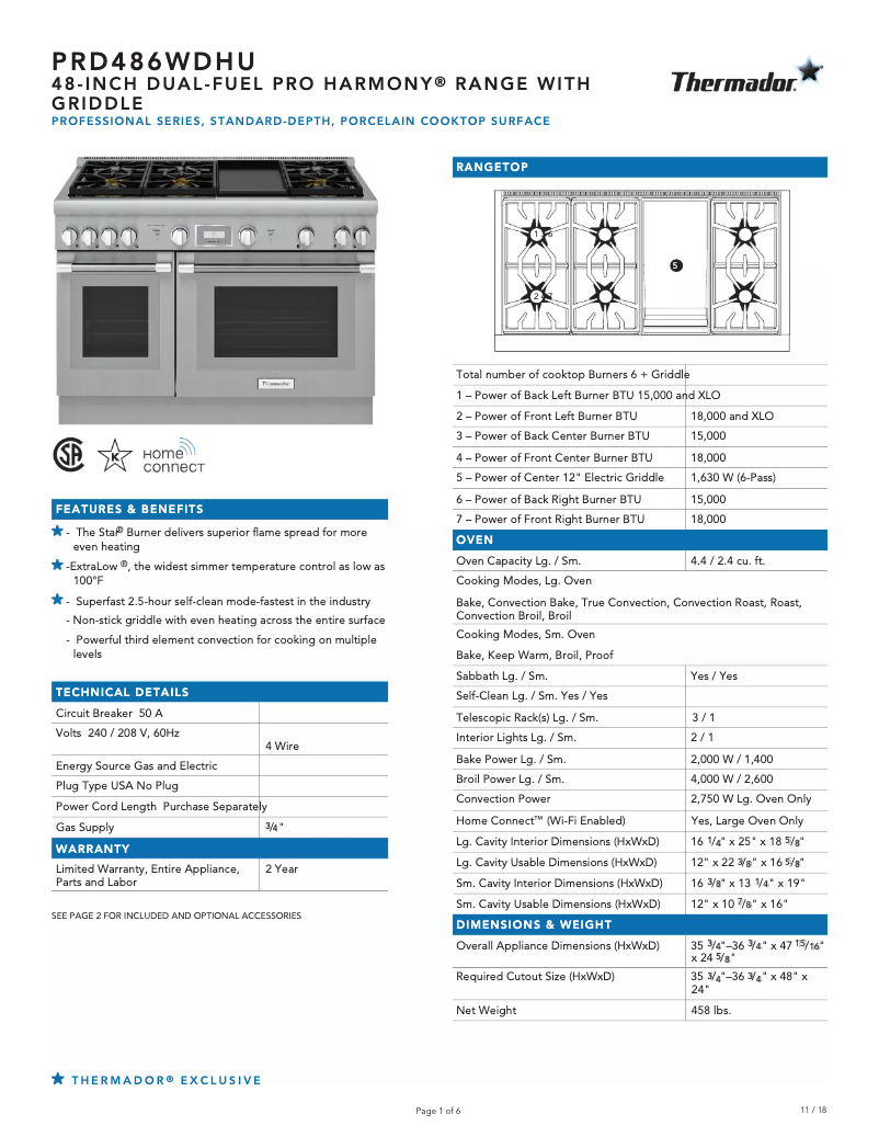 Page 1 de la notice Fiche technique Thermador Pro Harmony PRD486WDHU