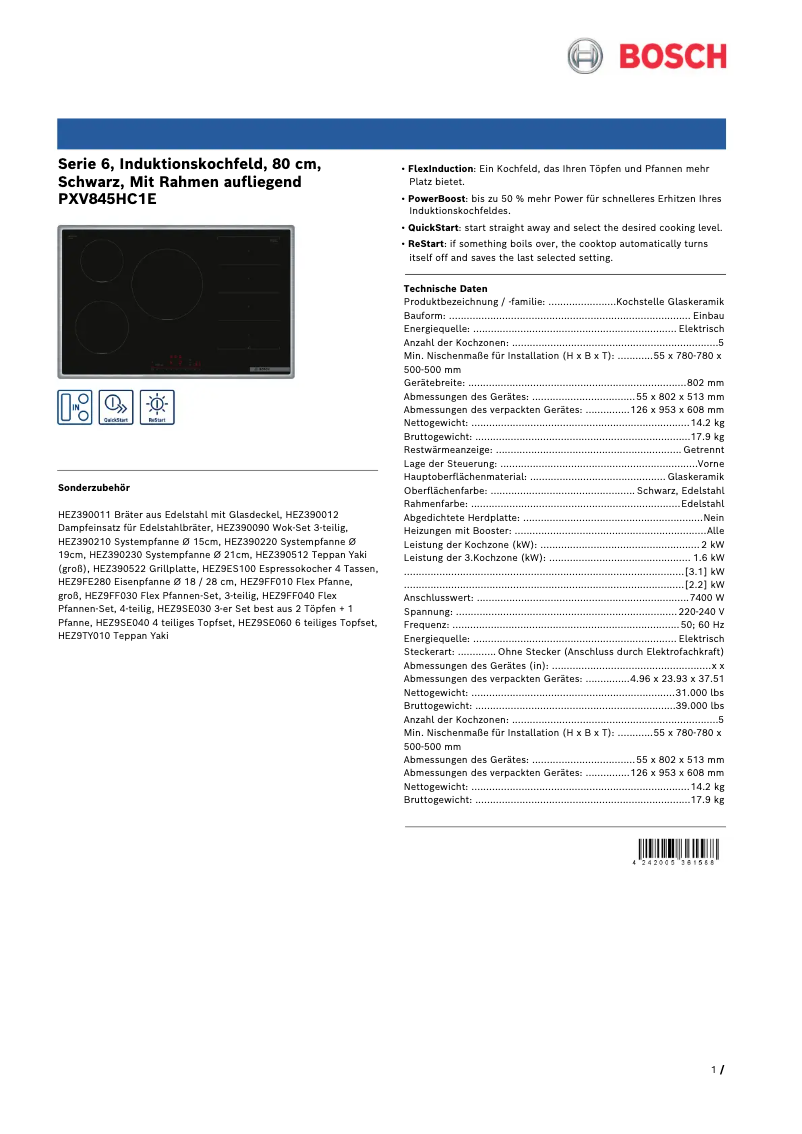 Page 1 de la notice Fiche technique Bosch PXV845HC1E