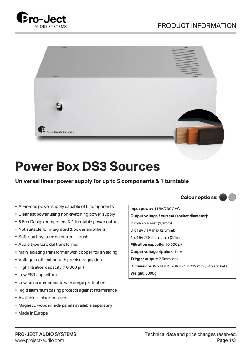 Page n°1 - Fiche technique Pro-Ject Power Box DS3 Sources
