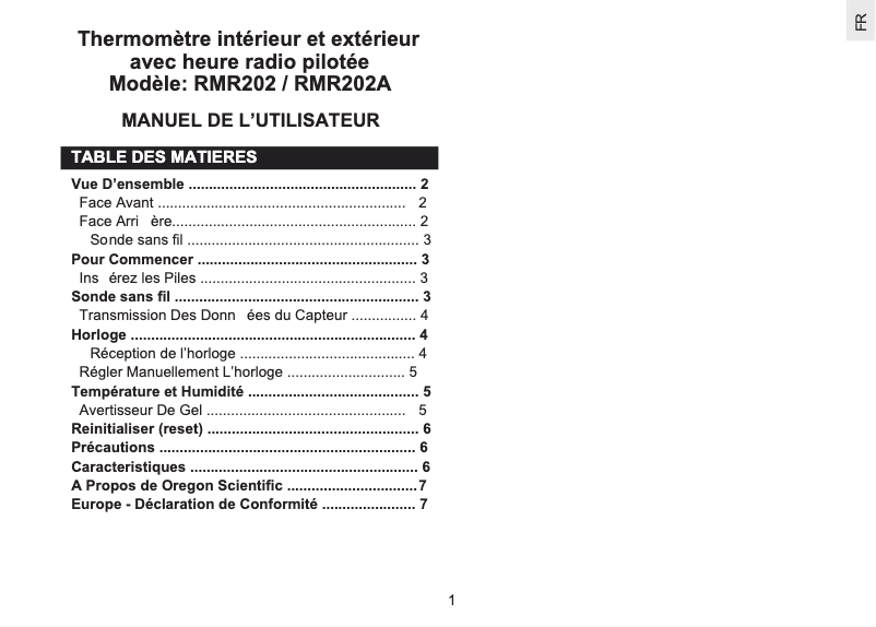 Page n°1 - Manuel utilisateur Oregon Scientific RMR 202