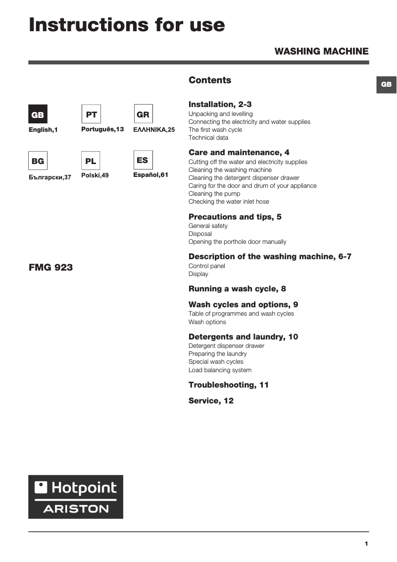 Page n°1 - Manuel utilisateur Hotpoint FMG 923B EU
