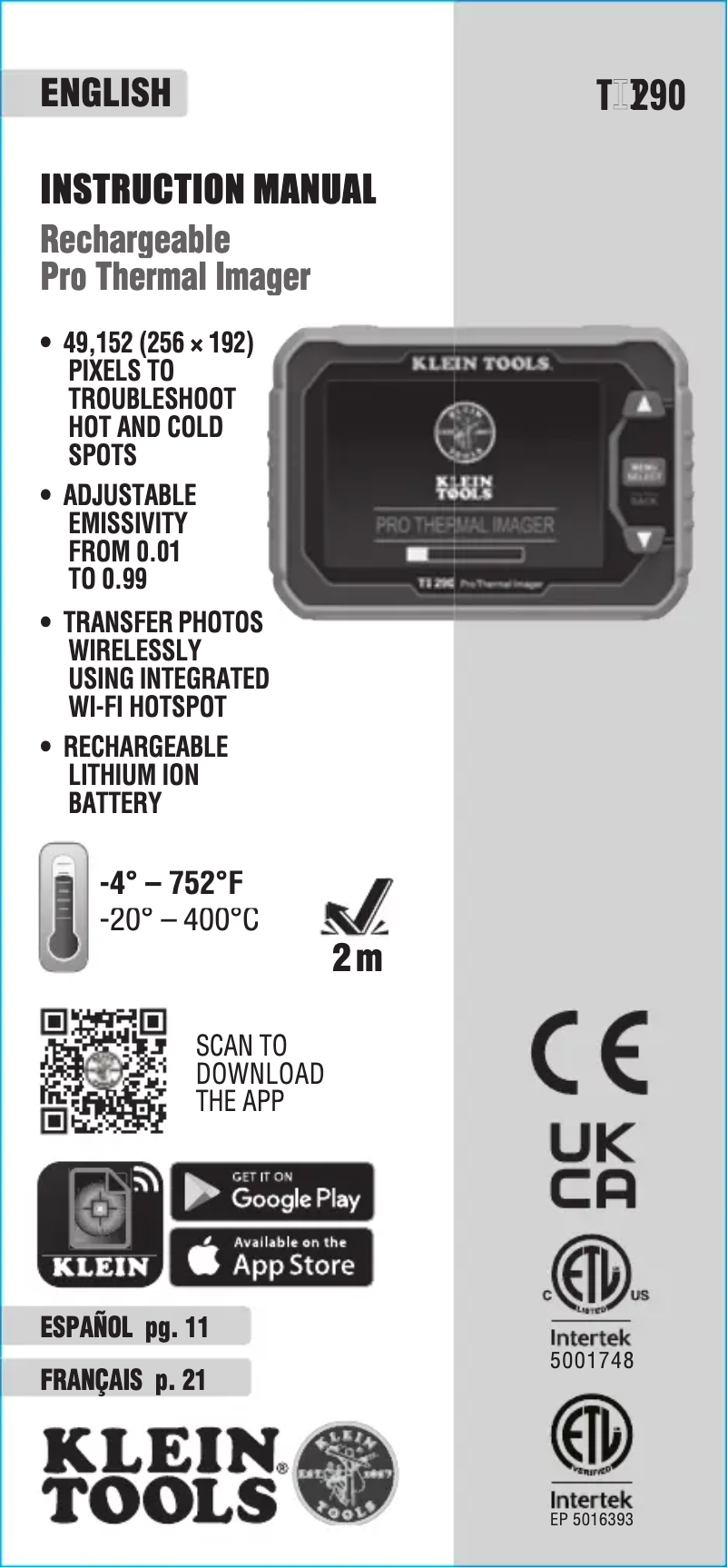 Page 1 de la notice Manuel utilisateur Klein Tools TI290