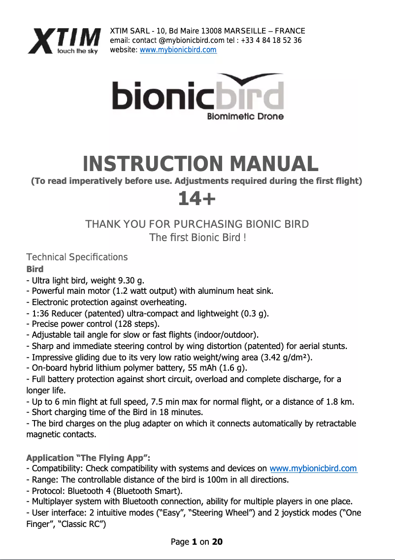 Page 1 de la notice Manuel utilisateur XTIM Bionic Bird