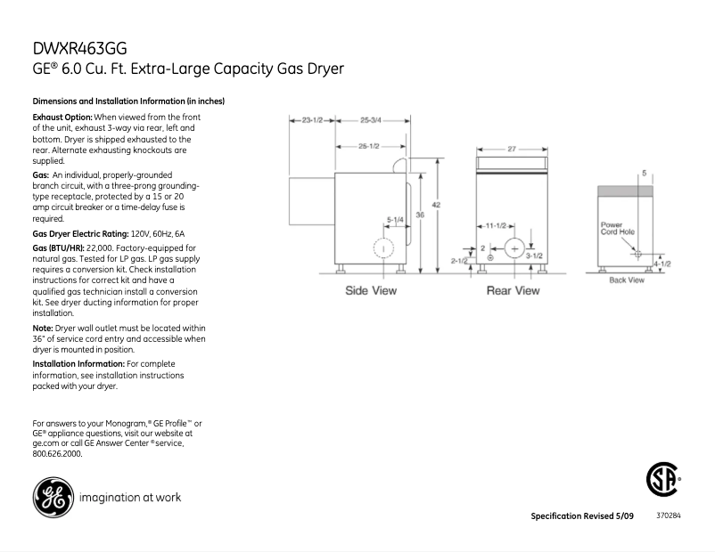 Página 1 del manual Ficha técnica GE DWXR463GGWW