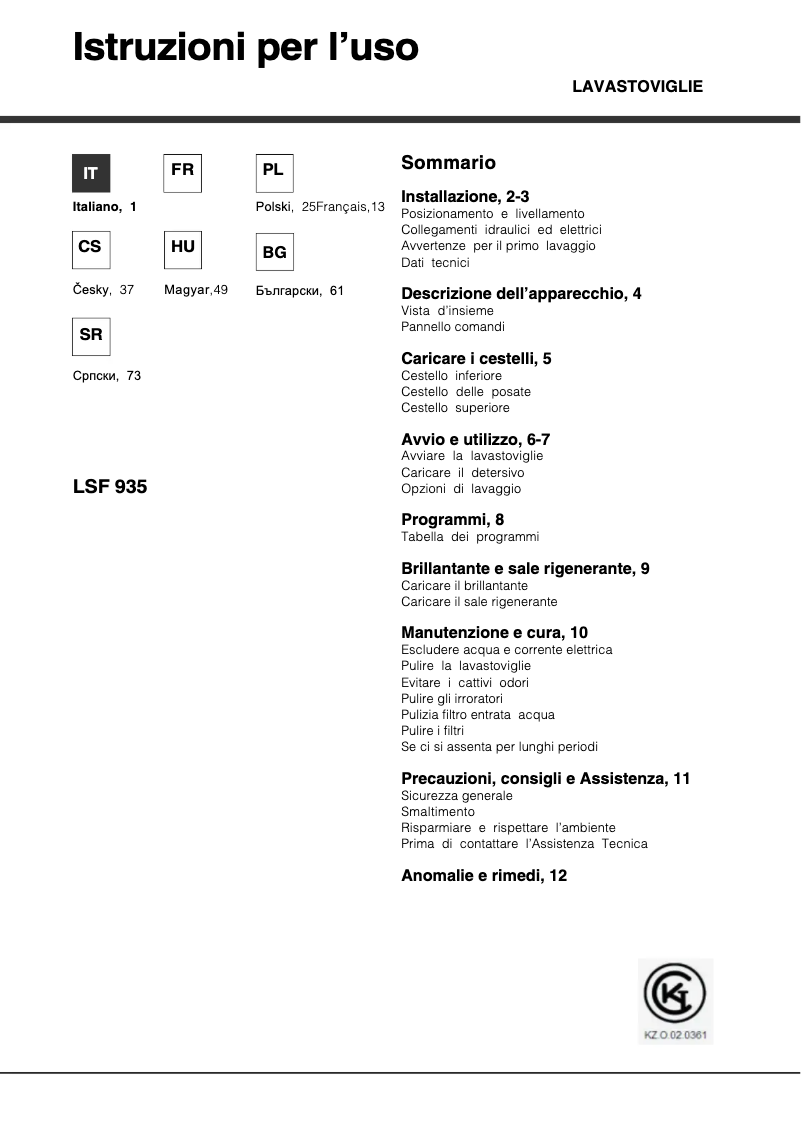 Page 1 de la notice Manuel utilisateur Hotpoint Ariston LSF 935 X EU/HA