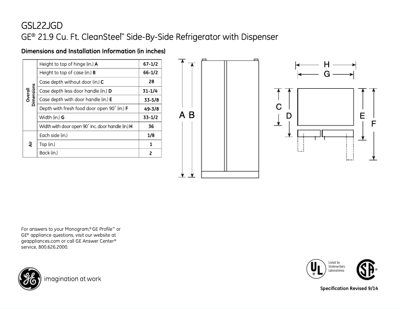 Page 1 de la notice Fiche technique GE GSL22JGDLS