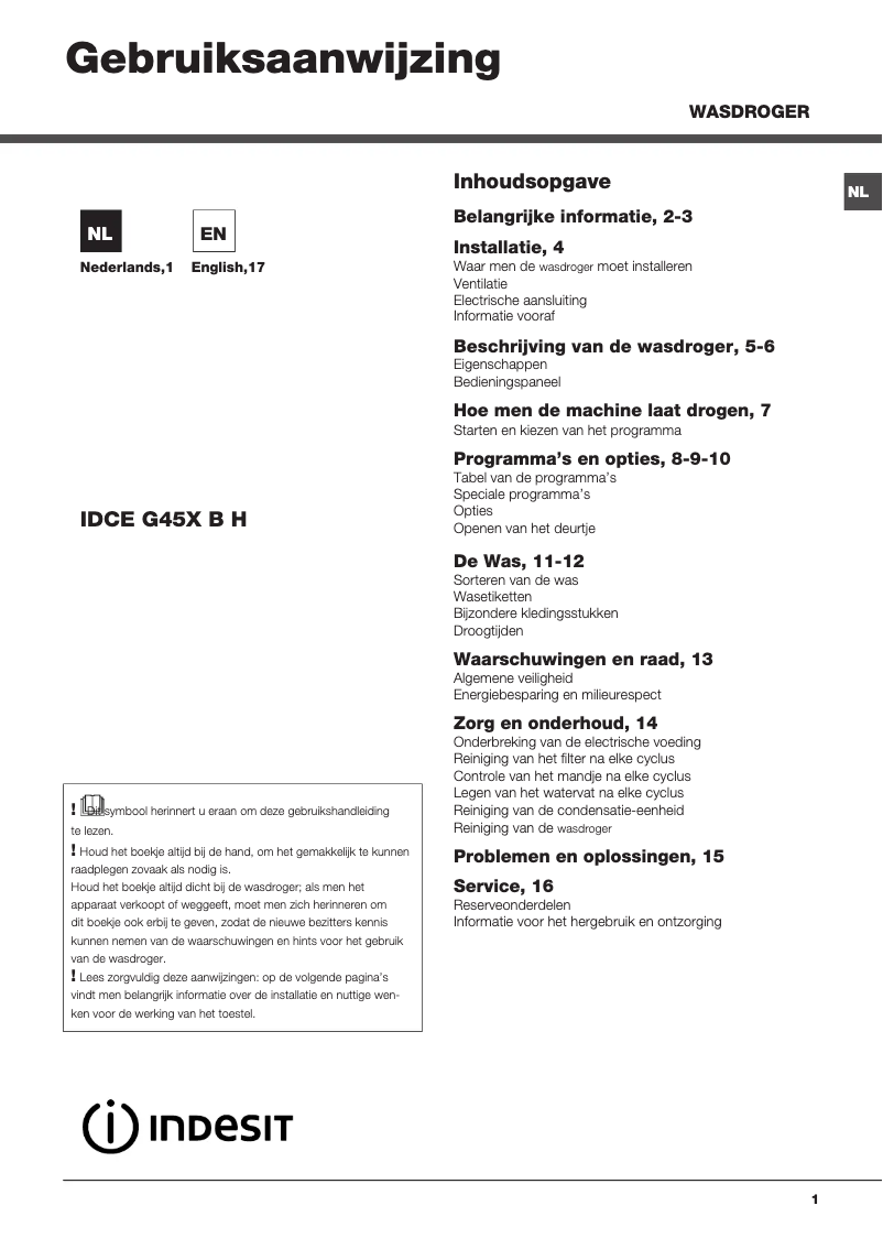 Página 1 del manual Manual de usuario Indesit IDCE G45X B H PS(NL)
