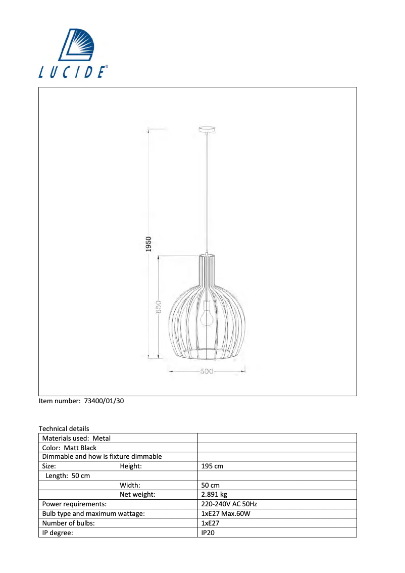 Page 1 de la notice Manuel utilisateur Lucide Mikaela 73400/01/30