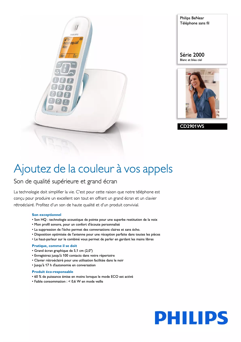 Page 1 de la notice Fiche technique Philips BeNear CD2901WS