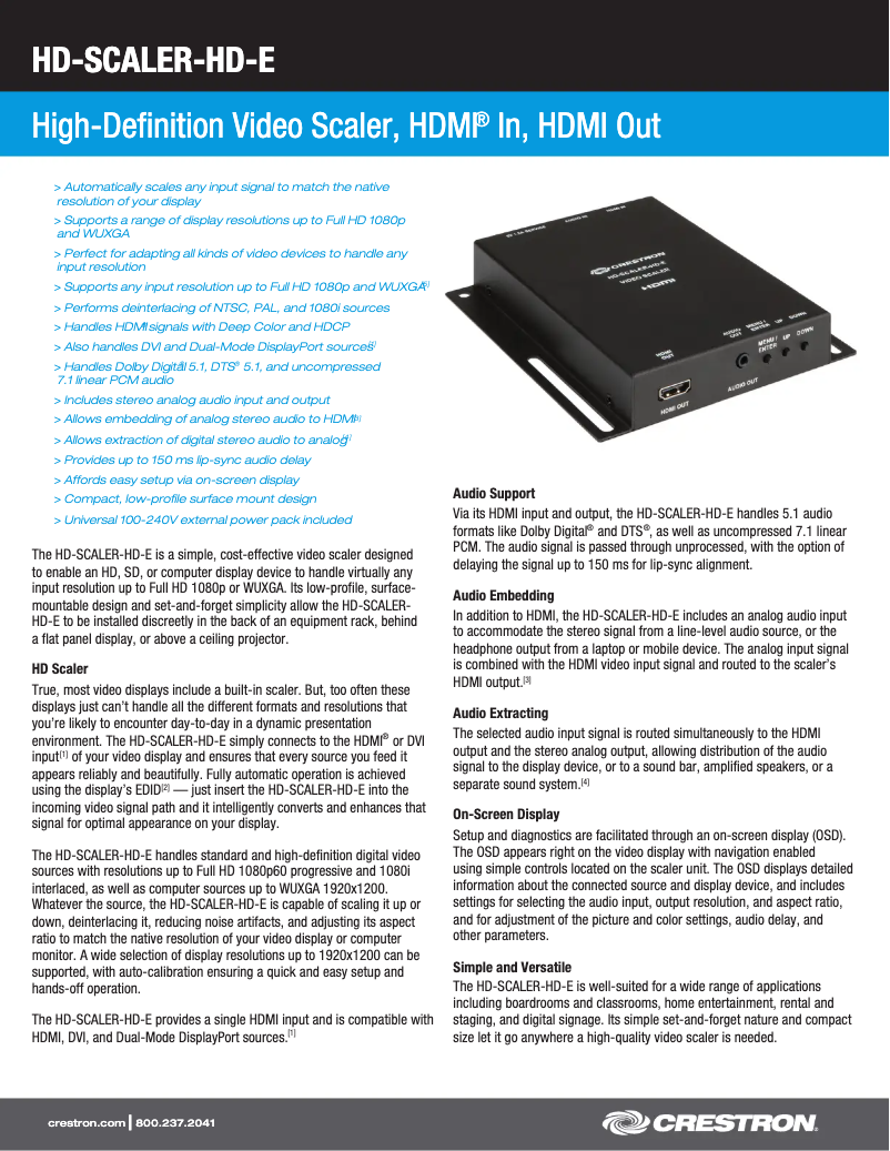 Page 1 de la notice Fiche technique Crestron HD-SCALER-HD-E