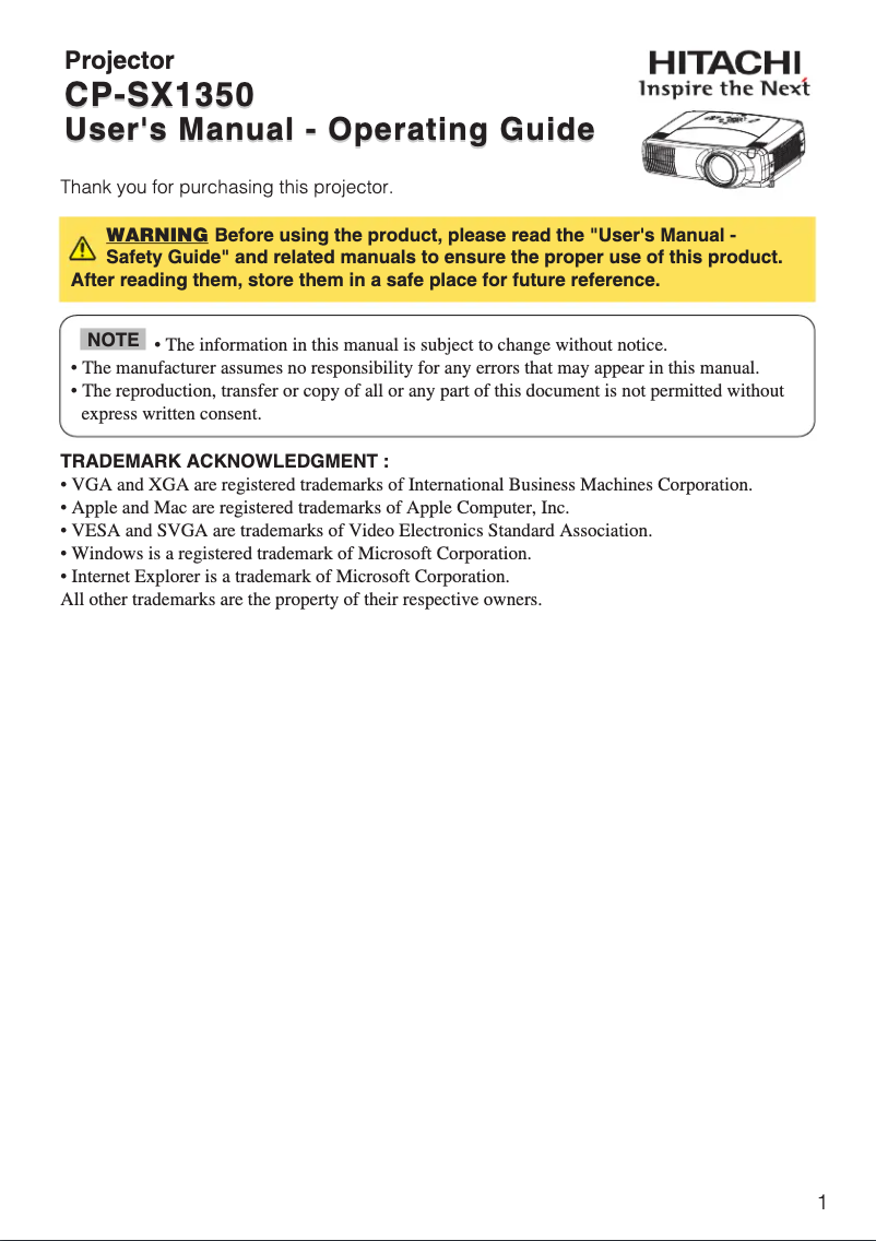 Page 1 de la notice Manuel utilisateur Hitachi CP-SX1350W