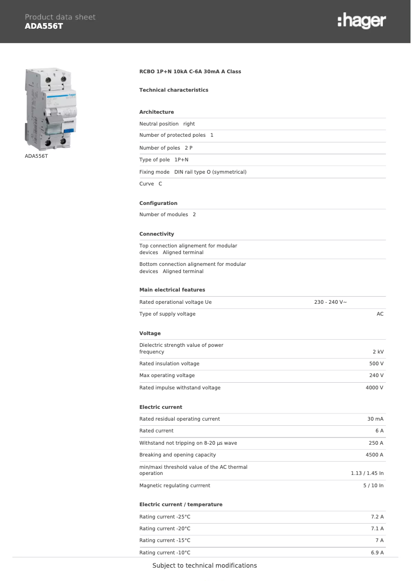 Page 1 de la notice Fiche technique Hager ADA556T