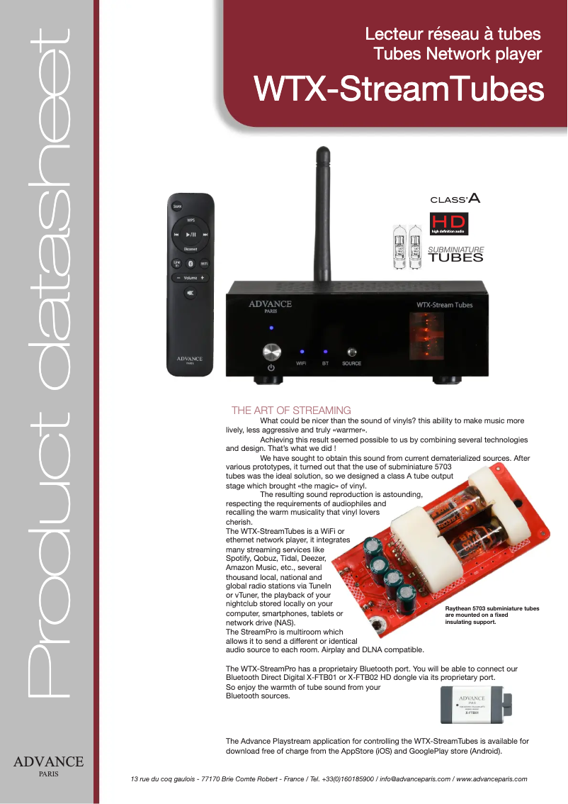Page 1 de la notice Fiche technique Advance WTX-StreamTubes