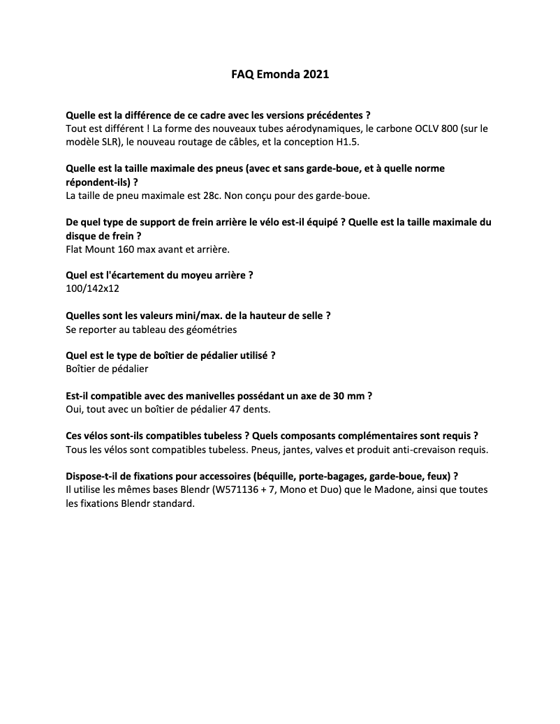 Page 1 de la notice FAQ Trek Émonda SLR 6