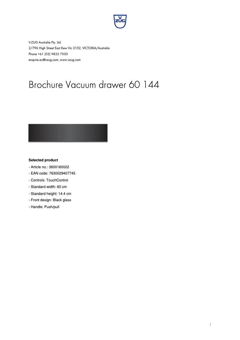 Page 1 de la notice Fiche technique V-Zug VS 60 144