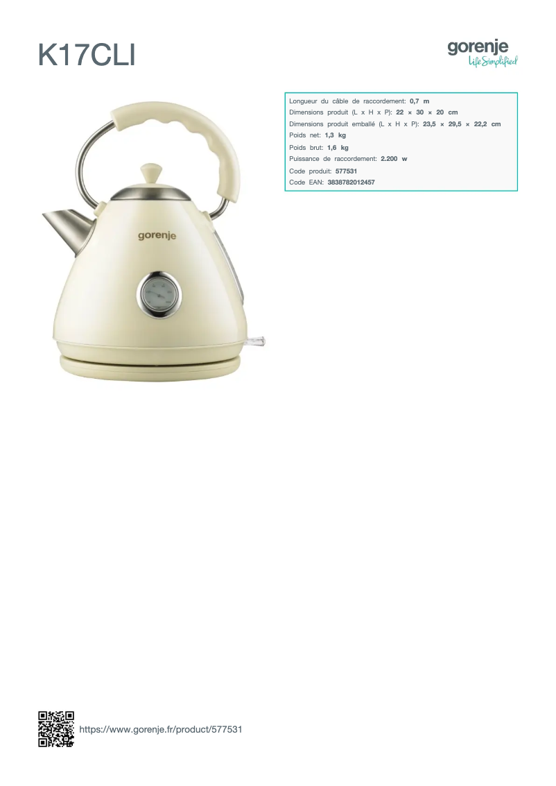 Page 1 de la notice Fiche technique Gorenje K17CLI