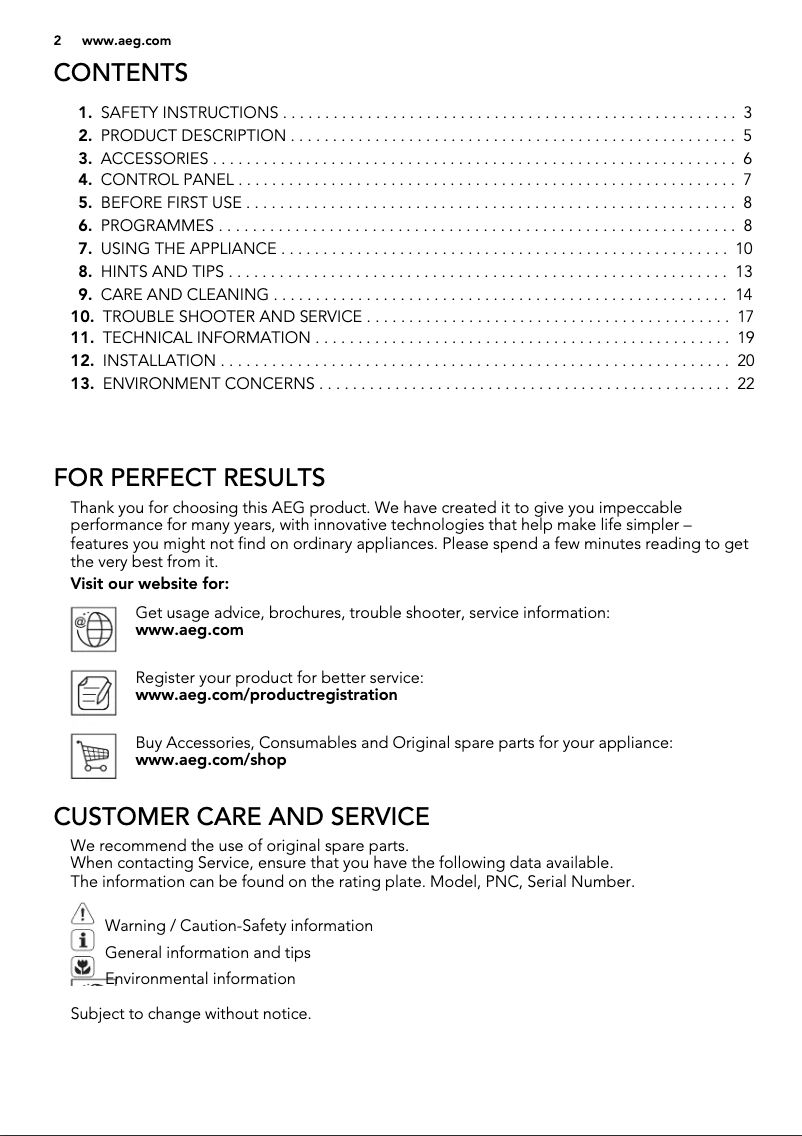 Page 1 of the manual User Manual AEG T76280IC