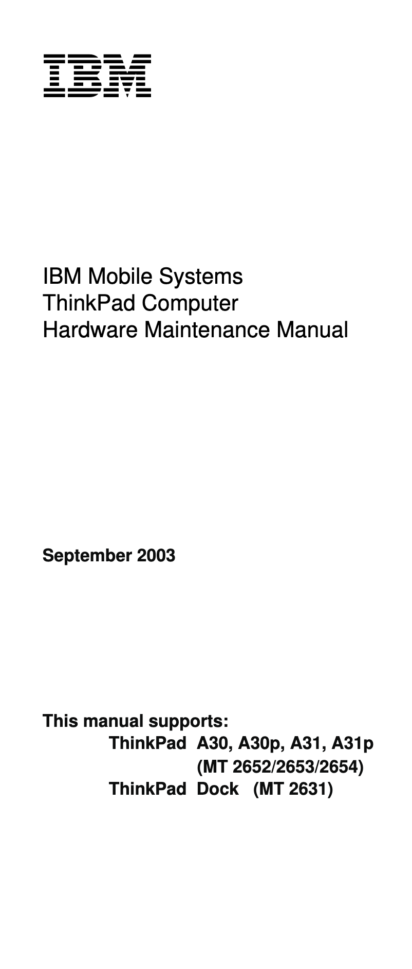 Page n°1 - Manuel utilisateur Lenovo ThinkPad A30