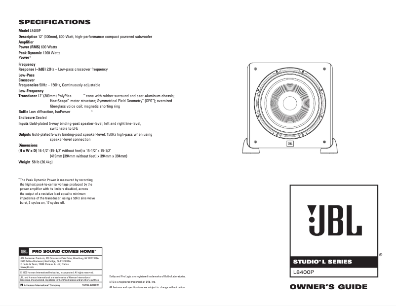 Page 1 de la notice Manuel utilisateur JBL Studio L8400P