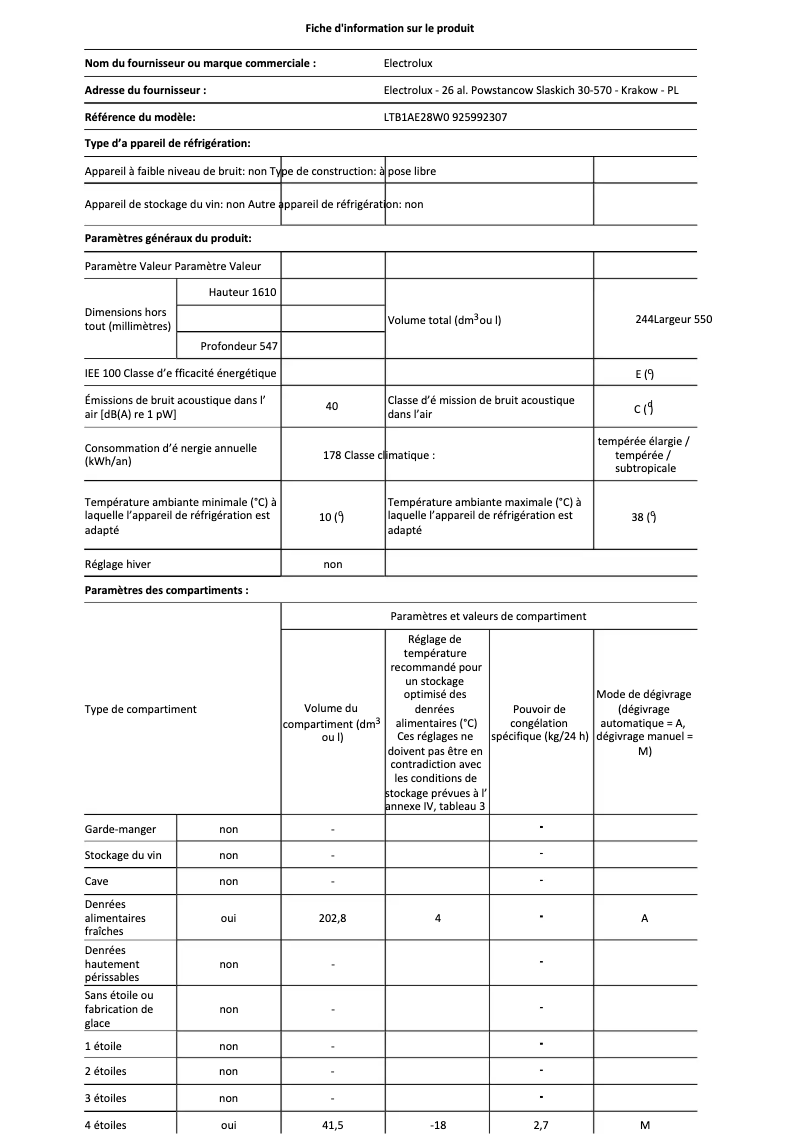 Page 1 de la notice Fiche technique Electrolux LTB1AE28W0