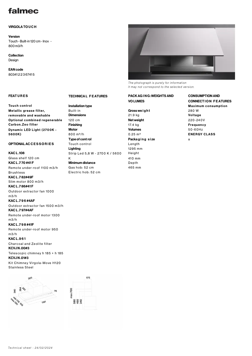 Page 1 de la notice Fiche technique Falmec Virgola Touch