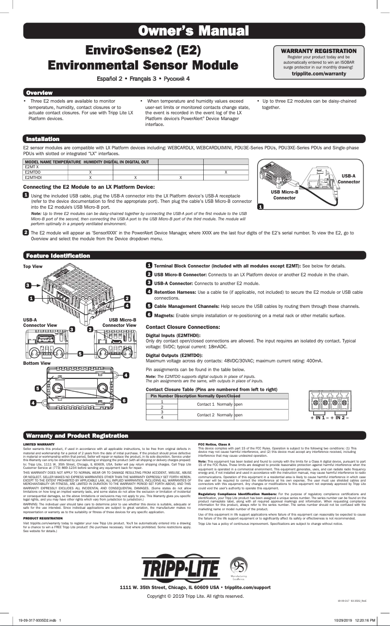 Page 1 de la notice Manuel utilisateur Tripp Lite EnviroSense2 E2MT
