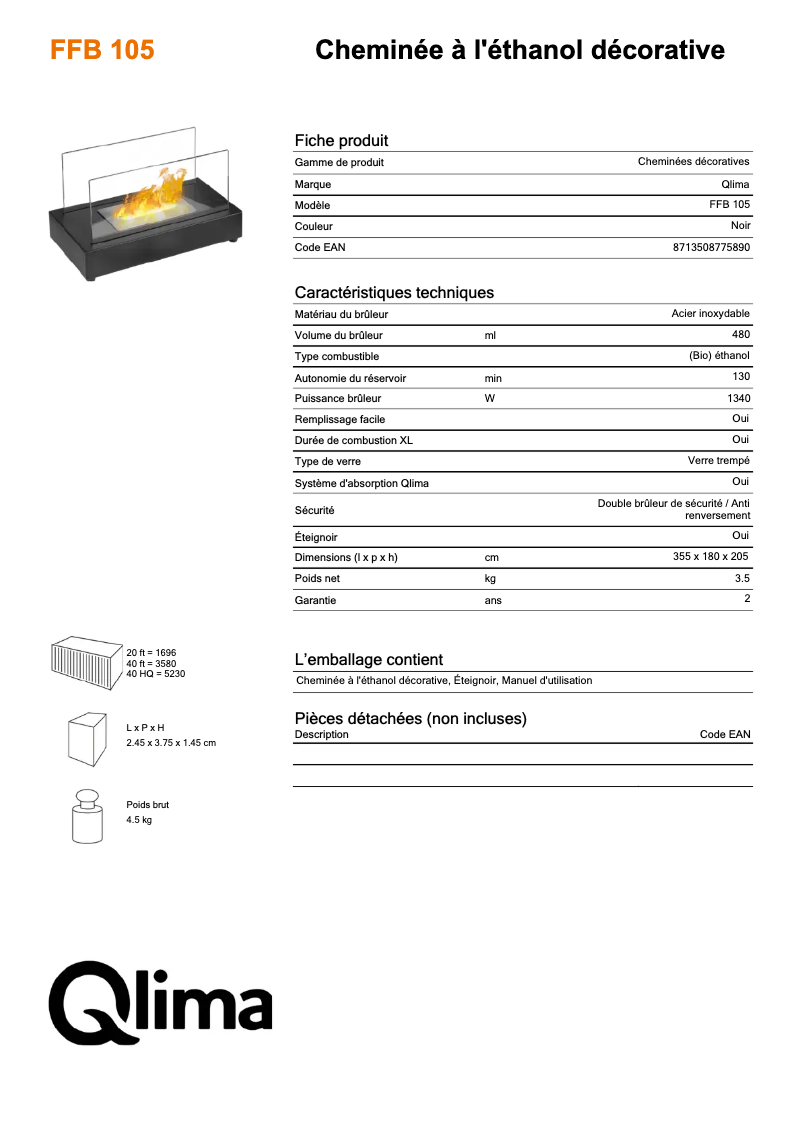 Page 1 de la notice Fiche technique Qlima FFB 105