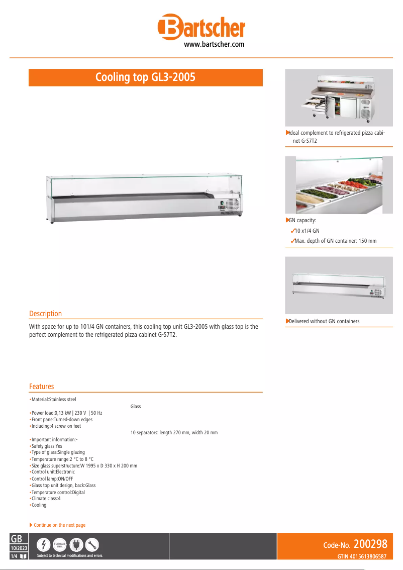 Page n°1 - Fiche technique Bartscher GL3-2005