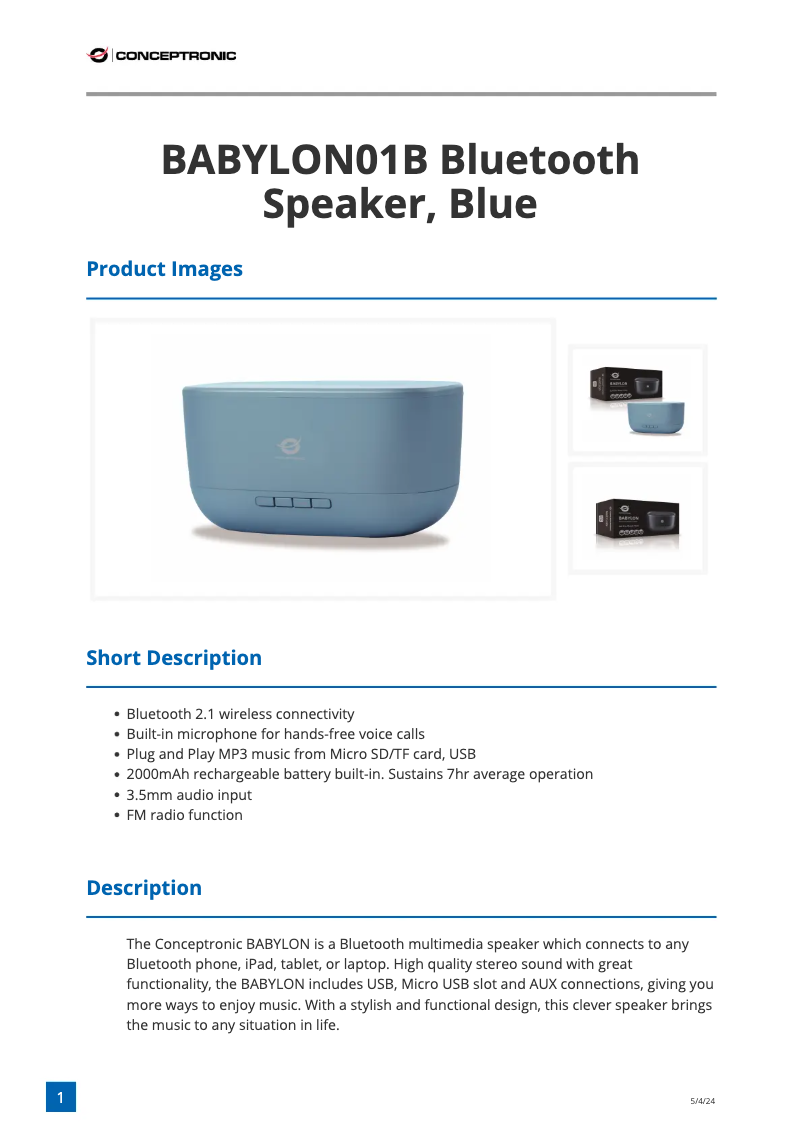 Page 1 de la notice Fiche technique Conceptronic BABYLON01B
