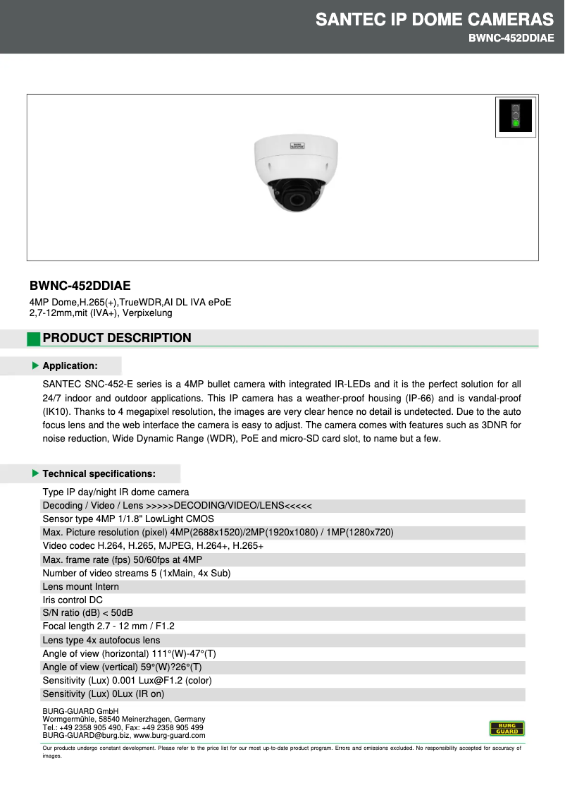Page 1 de la notice Fiche technique Burg Wächter BWNC-452DDIAE