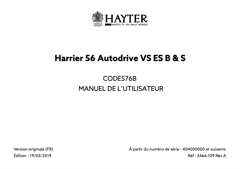 Page 1 de la notice Manuel utilisateur Hayter Harrier 56