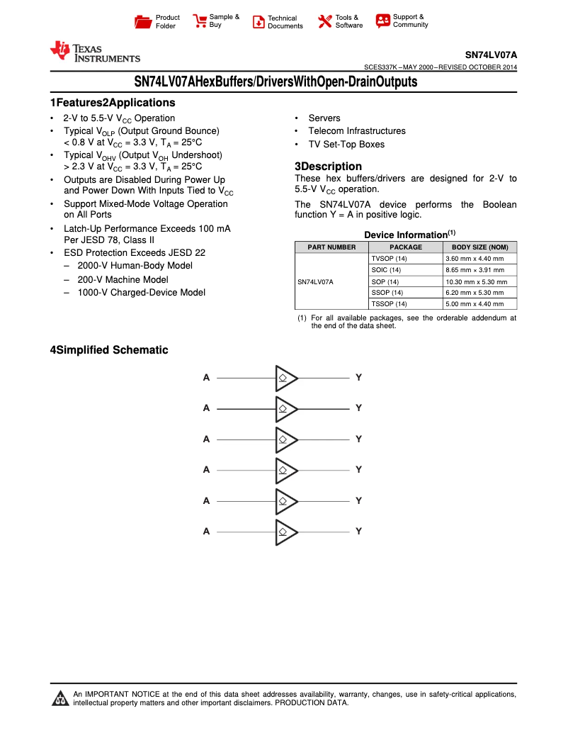 Page 1 de la notice Manuel utilisateur Texas Instruments SN74LV07APWR
