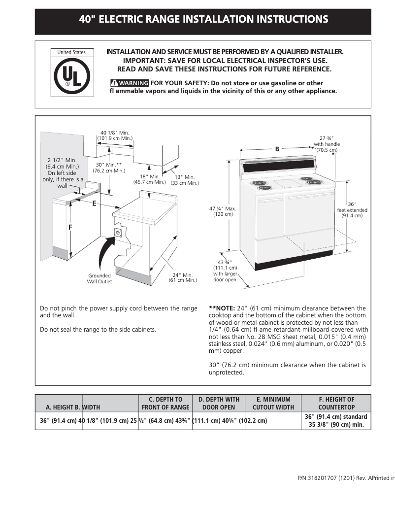 Page n°1 - Guide d'installation Frigidaire FFEF4017LB