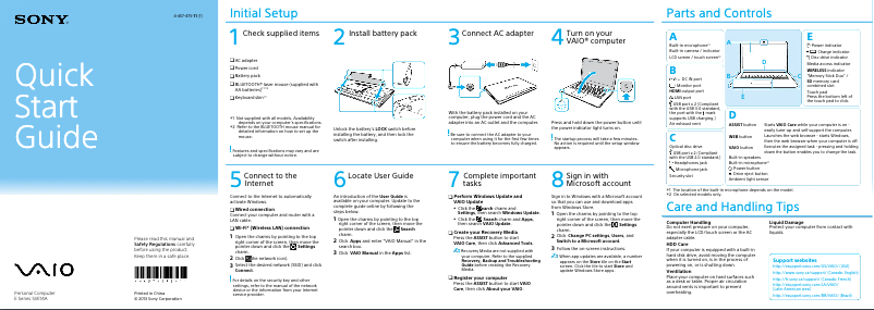 Page 1 de la notice Guide d'installation Sony Vaio SVE14A35CXH