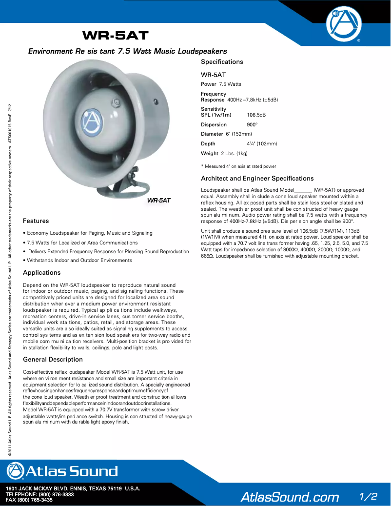 Page 1 de la notice Manuel utilisateur Atlas Sound WR-5AT