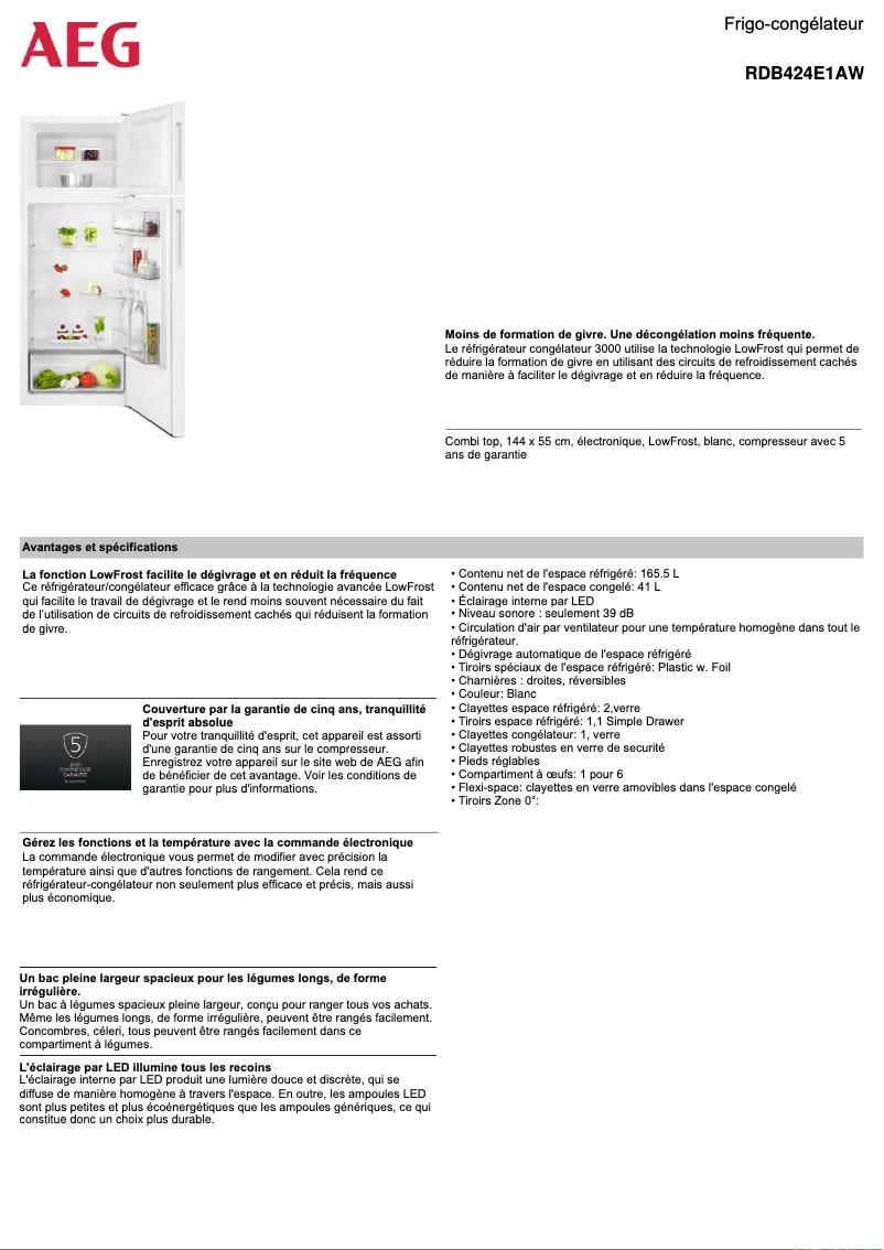 Page 1 de la notice Fiche technique AEG RDB424E1AW