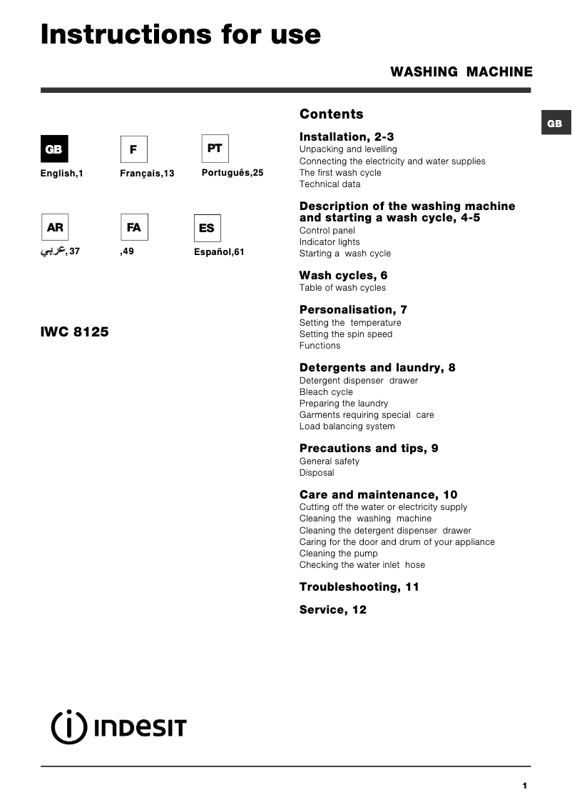 Page 1 de la notice Manuel utilisateur Indesit IWC 8125 B