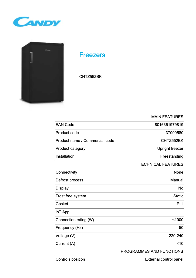 Page 1 de la notice Fiche technique Candy CHTZ552BK