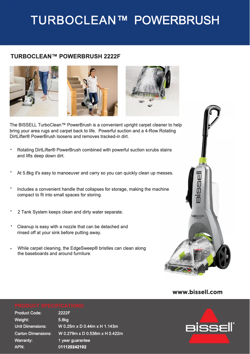 Page 1 de la notice Fiche technique Bissell TurboClean PowerBrush 2222F