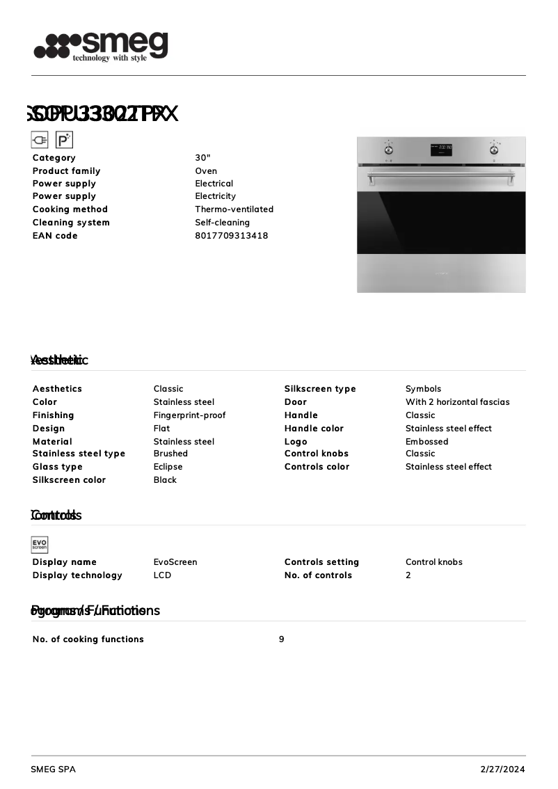 Page 1 de la notice Fiche technique Smeg SOPU3302TPX