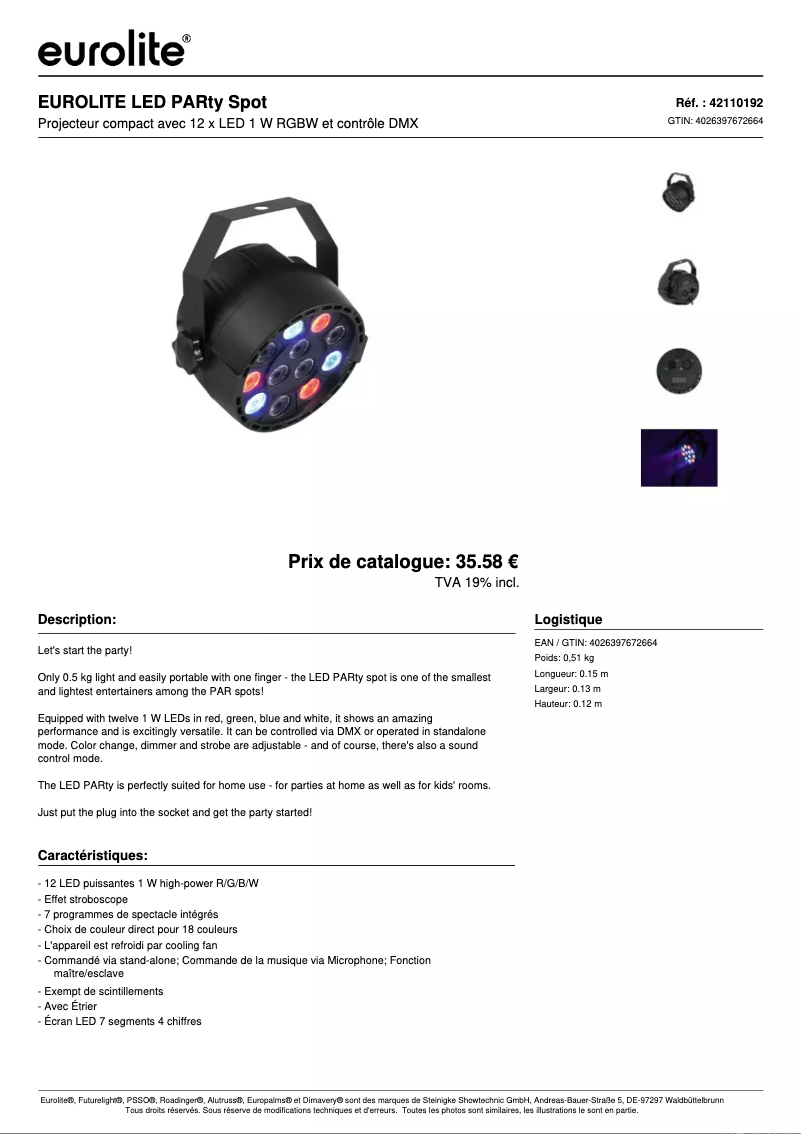 Page n°1 - Fiche technique Eurolite LED PARty RGBW Spot