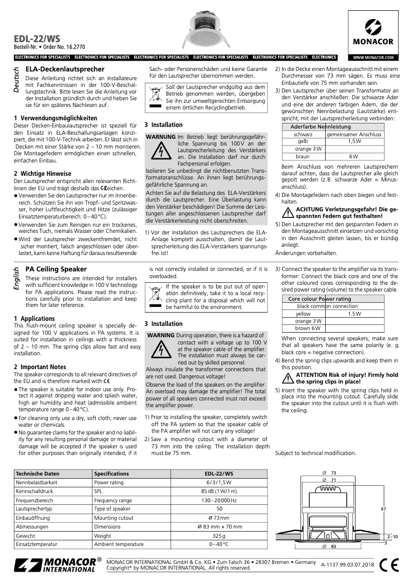 Page n°1 - Manuel utilisateur Monacor EDL-22/WS