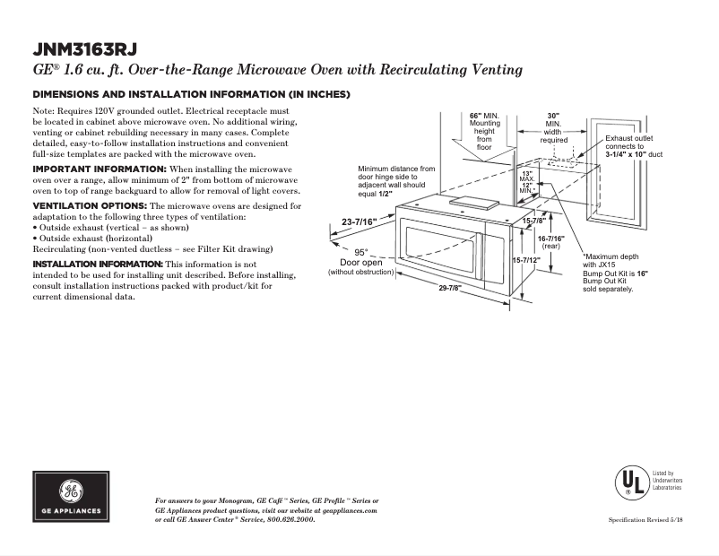 Page 1 of the manual Technical Sheet GE JNM3163RJSS