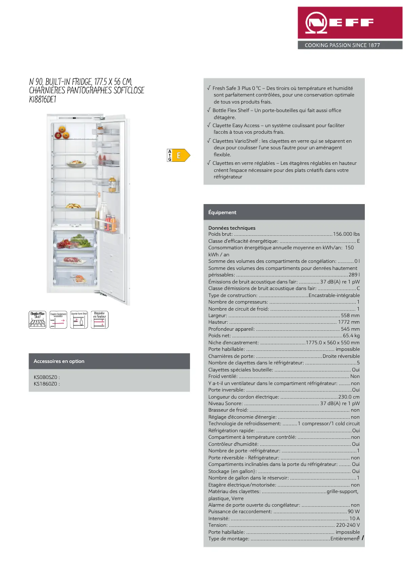 Page 1 de la notice Fiche technique Neff KI8816DE1