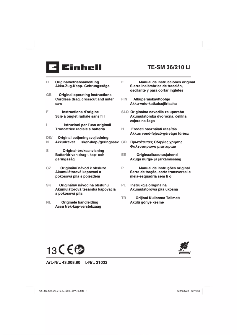 Page 1 de la notice Manuel utilisateur Einhell TE-SM 36/210 Li